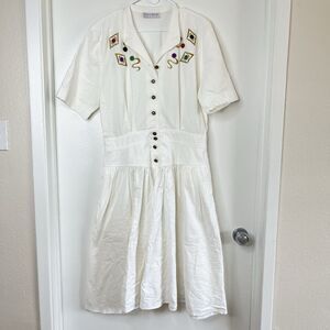 VTG Megan Moore Dress Sz L White Embroidered Button Cottagecore